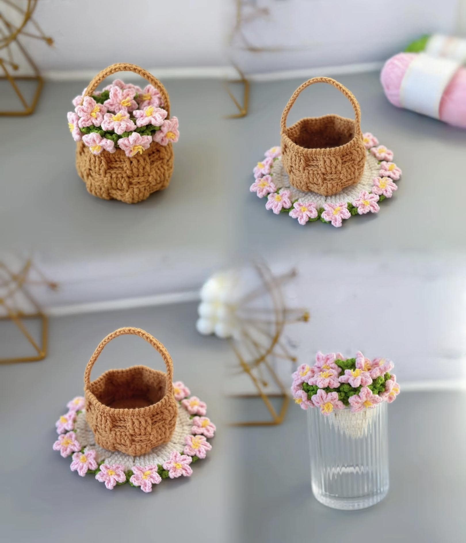 Peach Coaster and Flower Basket Crochet PDF Pattern, Flower