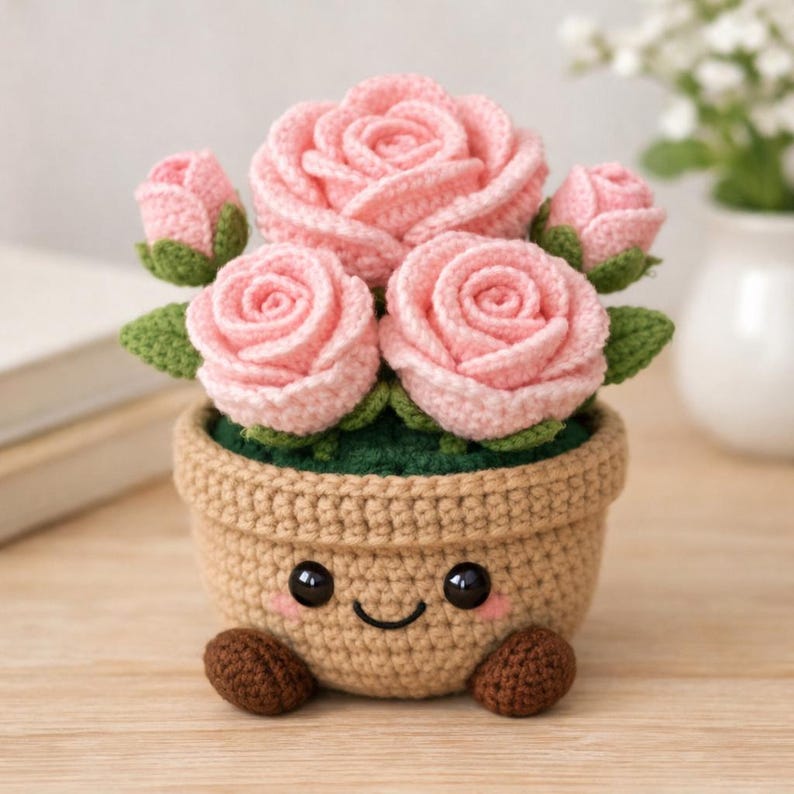 May include: A crocheted flower pot with a smiling face, holding pink roses and buds. The pot is tan with brown feet and green leaves. The roses are a soft pink color, and the overall design is whimsical and handmade.