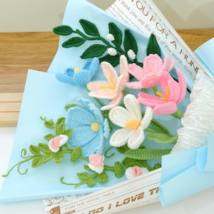 Crochet Blue Bouquet PDF Pattern, 5 Flowers Crochet Pattern for Floral Bouquet Amigurumi, How to Crochet Bouquet for Gift, Crochet Flower