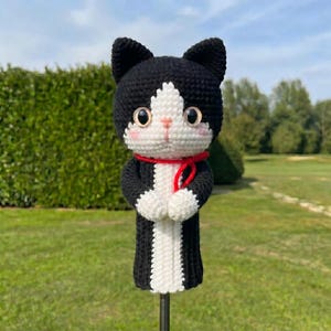 May include: A handmade crochet cat doll with a black and white tuxedo design. The cat has large, expressive eyes, pink cheeks, and a red ribbon around its neck. The doll is standing on a metal rod against a green background.