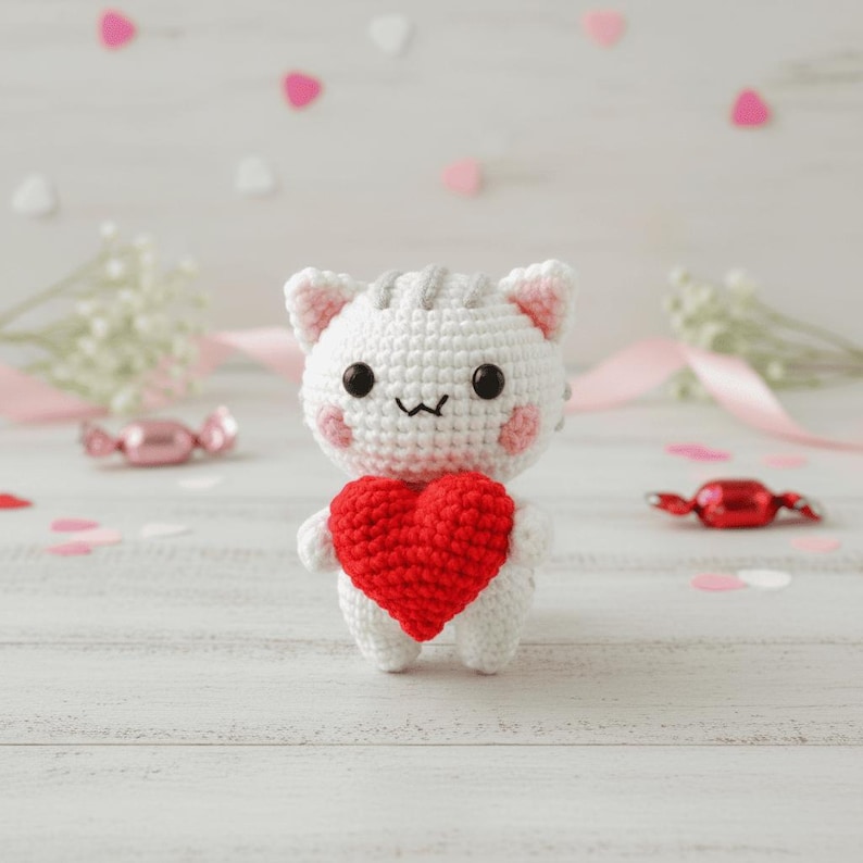 Cat and Heart Crochet PDF Pattern - Cute Cat Mother's Day Crochet Amigurumi Tutorial - Easy Crochet Cat Holding Heart Gift for Mom image 3