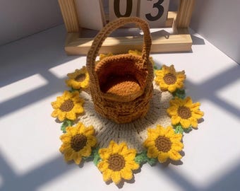 Sunflower Coaster and Basket Crochet PDF Pattern, Flower Basket for Fall Amigurumi Tutorial, Easy Crochet Sunflower Coaster Decoration