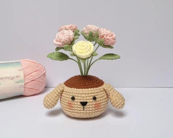 Rose Puppy Potted Crochet PDF Pattern - Rose Pot Amigurumi Home Decoration - Cute Puppy Pot Crochet Holiday Gift - Cute Animal Flower Pot