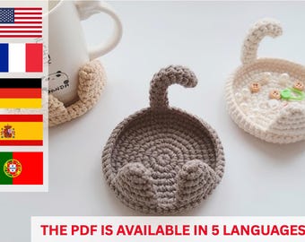 Patrón de posavasos de gato a crochet - Patrón de crochet fácil en PDF - Decoración de posavasos DIY - Lindo posavasos de gato amigurumi a crochet en 5 idiomas