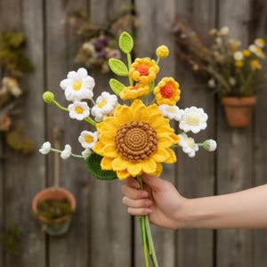 Patrón PDF de ramo de girasoles a crochet, tutorial de flores silvestres a crochet 7 en 1, regalo para ella a crochet, flor a crochet para principiantes