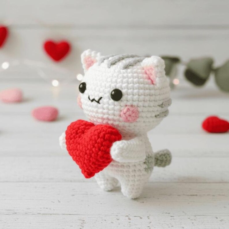 Cat and Heart Crochet PDF Pattern - Cute Cat Mother's Day Crochet Amigurumi Tutorial - Easy Crochet Cat Holding Heart Gift for Mom image 2