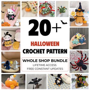 Può includere: Un collage di vari oggetti all'uncinetto a tema Halloween, tra cui Hello Kitty, zucche, fantasmi e altre creature spettrali. Il testo "20+ Halloween Crochet Pattern" è visualizzato in modo prominente, insieme a "Whole Shop Bundle" e "Lifetime Access".