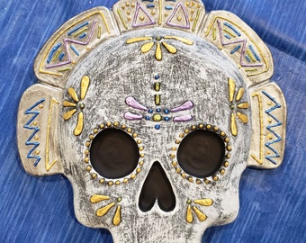 Mayan Style Ceramic Sugar Skull Plaque  #3