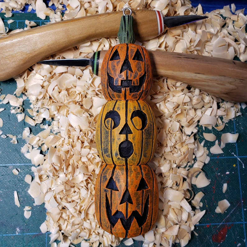 Hand carved Halloween Ornament Triple Jackolantern Stack image 1