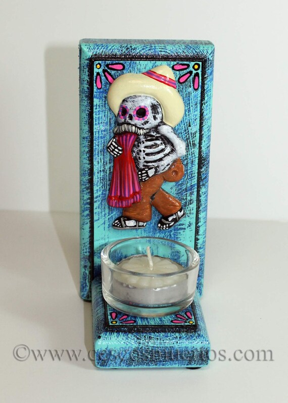 Items similar to Day Of The Dead Candle Holder Small Blue on Etsy