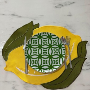 Lemon Patterned Embroidered Duck Linen Placemat 2 Pieces, Housewarming Gift, Christmas Decor, Housewarming Gift, Christmas Gift
