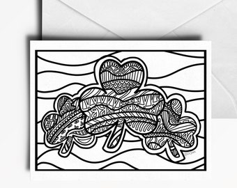 Printable Coloring St. Patrick's Day Craft Greeting Card, Zentangle Shamrock Adult Coloring Instant Download