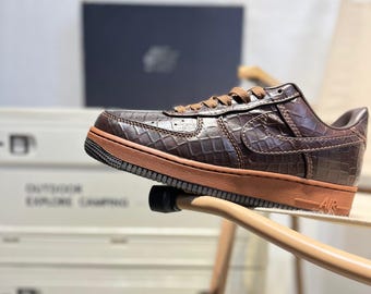 Custom Brown Crocodile Leather Style Sneakers, Luxury Streetwear Low Top Shoes, Handmade Designer Inspired Gift
