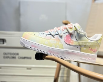 Custom AF1 sneakers, custom Air Force 1 shoes, handmade, spring peach blossoms, Valentine's Day, hemp rope ties, graffiti, smudge