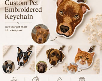 Custom Pet Embroidered Keychain, Personalized Dog Cat Face Keychain, Pet Memorial Gift, Custom Photo Keyring, Handmade Pet Lover Gift