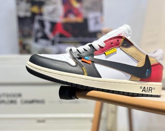 Custom Air Jordan 1 Low Sneakers, Off-White Style Hand Painted Shoes, Streetwear Patchwork Design, Unique Gift for Him Her, AJ1 Custom