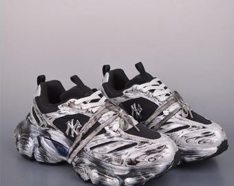 Custom Chunky Sneakers Fear of God Style, Distressed Dirty Running Shoes, Black White Streetwear Trainers, Y2K Dad Shoes, Unique Gift