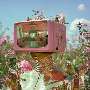 Cyborg Girl and Hummingbird Print | Retro Futurism | Pink TV Head Collage Art
