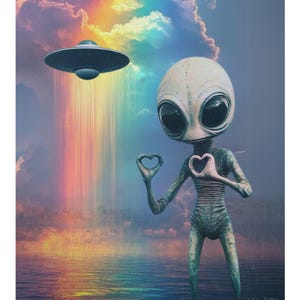 UFO poster | Alien poster | Cute alien  | Space | Retro scifi | Funny alien art | Weird art | Collage | UFO wall art | Poster art | Rainbow