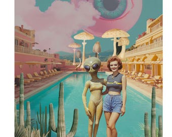 Retro Alien and Mushroom Wall Art | Eclectic Wall Art | Reteo Futurism, Surreal Space Art | Wes Anderson