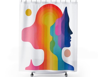 Dopamine Decor Bathroom Art | Cute Shower Curtain with Colorful Retro Rainbow | Fun Bathroom Art | Retro Decor