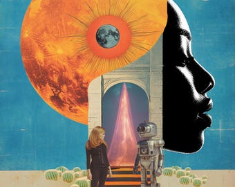 Retrofuturismkonst | Afrocentrisk sci-fi-robot | Konstig väggkonst | Surrealistiskt collage