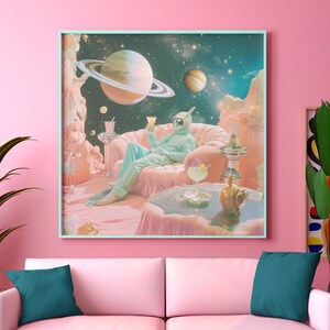 Sztuka Martini | Dziwaczny | Sztuka ścienna w stylu retro | Dreamcore | Wózek barowy w stylu retro | Plakat na wózek barowy | Sztuka koktajlowa | pastelowy róż | Ekscentryczna sztuka ścienna
