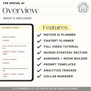 Puede incluir: Una captura de pantalla de un planificador digital para redes sociales. El planificador incluye funciones como un planificador Notion AI, un planificador ChatGPT, un tutorial de video completo, una secci&oacute;n de estrategia guiada, un generador de audiencia y nicho, plantillas de indicaciones, un rastreador de an&aacute;lisis y un administrador de colaboraci&oacute;n.