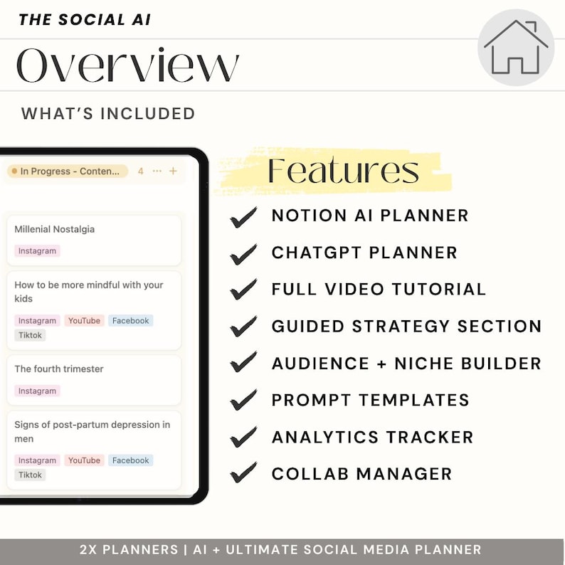 Puede incluir: Una captura de pantalla de un planificador digital para redes sociales. El planificador incluye funciones como un planificador Notion AI, un planificador ChatGPT, un tutorial de video completo, una secci&oacute;n de estrategia guiada, un generador de audiencia y nicho, plantillas de indicaciones, un rastreador de an&aacute;lisis y un administrador de colaboraci&oacute;n.
