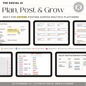 Puede incluir: Dos planificadores para la creaci&oacute;n de contenido en redes sociales. Los planificadores se titulan "Plan, Post & Grow" y "Stay On Track From Brainstorm to Publish". Los planificadores est&aacute;n dise&ntilde;ados para creadores, influencers, entrenadores, marcas y administradores de redes sociales.