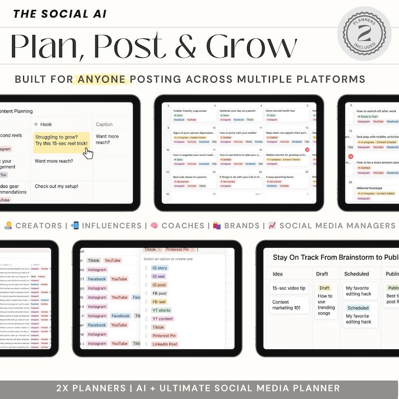 Puede incluir: Dos planificadores para la creaci&oacute;n de contenido en redes sociales. Los planificadores se titulan "Plan, Post & Grow" y "Stay On Track From Brainstorm to Publish". Los planificadores est&aacute;n dise&ntilde;ados para creadores, influencers, entrenadores, marcas y administradores de redes sociales.
