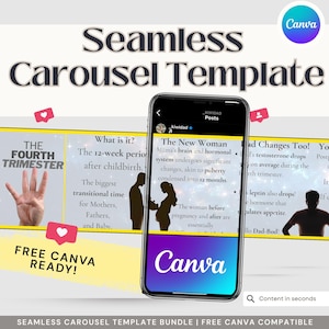 May include: A smartphone shows a Canva template with information on the fourth trimester, covering hormonal changes and postpartum topics. The design has a gradient background and silhouettes of a pregnant woman and a couple.