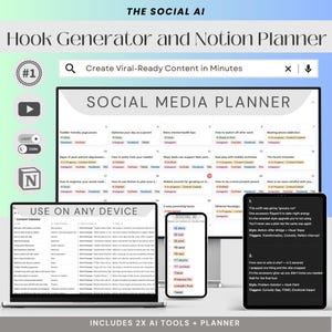 May include: A computer screen displaying a social media planner with a content calendar and a hook generator. The planner is designed to help users create viral-ready content in minutes. The screen also shows a phone with a social media app, and a tablet with examples of viral content hooks.