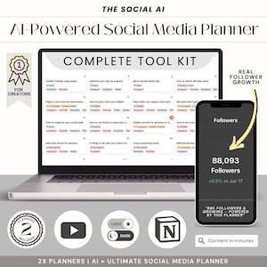 Puede incluir: Una pantalla de computadora port&aacute;til que muestra un planificador de redes sociales con una cuadr&iacute;cula de calendario e ideas de contenido. El planificador est&aacute; etiquetado como "Complete Tool Kit" e incluye una pantalla de tel&eacute;fono que muestra un recuento de seguidores de 88.093. El texto "Real Follower Growth" se muestra en un cuadro amarillo.