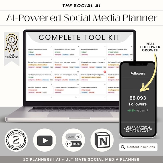 Notion Content Calendar with AI | 2025/2026 AI Social Media Planner & Calendar, For Coaches, Influencers and Small Business