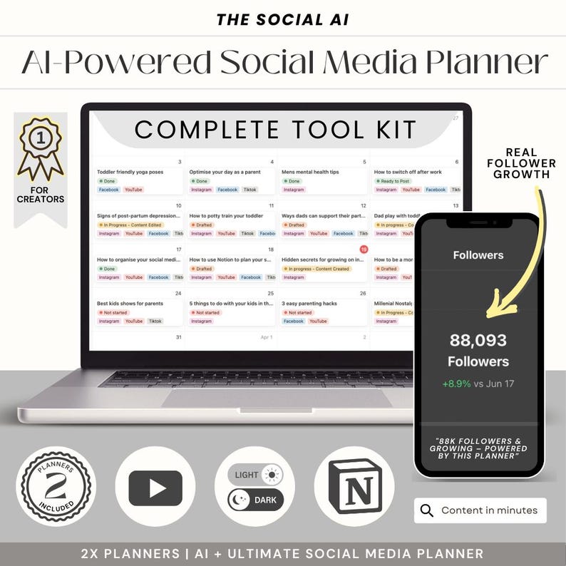 Puede incluir: Una pantalla de computadora port&aacute;til que muestra un planificador de redes sociales con una cuadr&iacute;cula de calendario e ideas de contenido. El planificador est&aacute; etiquetado como "Complete Tool Kit" e incluye una pantalla de tel&eacute;fono que muestra un recuento de seguidores de 88.093. El texto "Real Follower Growth" se muestra en un cuadro amarillo.
