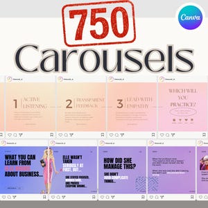 Puede incluir: Imagen promocionando "750 Carruseles" con varias plantillas de publicaciones en redes sociales. Las plantillas incluyen texto e ilustraciones sobre temas como negocios, retroalimentación y liderazgo. El logotipo de Canva es visible.