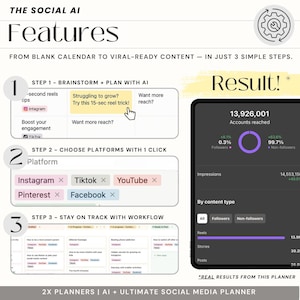 Puede incluir: Un gr&aacute;fico que muestra las caracter&iacute;sticas de un planificador de redes sociales. El planificador ayuda a los usuarios a generar ideas de contenido, elegir plataformas y mantenerse al d&iacute;a con un flujo de trabajo. El gr&aacute;fico incluye una captura de pantalla de la interfaz del planificador, que muestra un calendario con diferentes ideas de contenido y una lista de plataformas de redes sociales. El gr&aacute;fico tambi&eacute;n incluye un gr&aacute;fico que muestra los resultados del uso del planificador, que muestra que el planificador ayud&oacute; al usuario a llegar a m&aacute;s de 13 millones de cuentas.