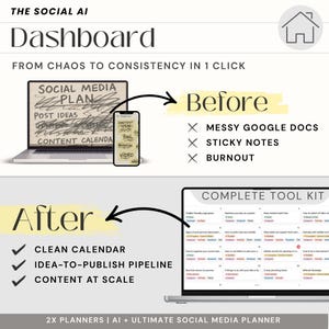 Puede incluir: Un gr&aacute;fico que muestra la diferencia entre un plan de redes sociales desordenado y uno organizado. La imagen anterior muestra una computadora port&aacute;til con un plan de redes sociales desordenado en la pantalla y un tel&eacute;fono con un calendario de contenido escrito a mano. La imagen posterior muestra una computadora port&aacute;til con un calendario de redes sociales limpio y organizado en la pantalla. El texto en el gr&aacute;fico dice "Del caos a la consistencia en 1 clic".