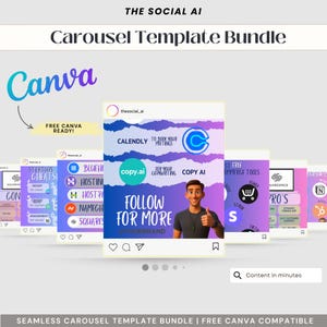 Peut inclure: Visuel promotionnel pour un "Carousel Template Bundle" pour les réseaux sociaux. L'image présente des maquettes de publications Instagram avec du texte tel que "Follow for More" et "Copy AI". Le logo Canva est visible, avec le texte "Free Canva Ready!"