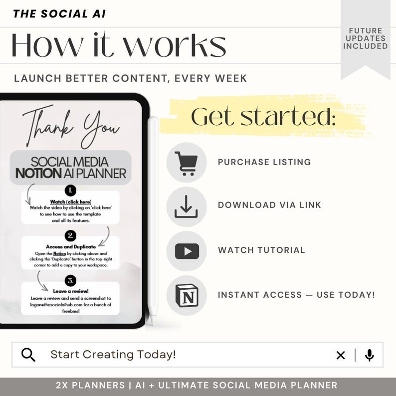 Puede incluir: Un planificador digital para la creaci&oacute;n de contenido en redes sociales utilizando Notion. El planificador se muestra en la pantalla de una tableta con un fondo amarillo. El texto "Thank You" est&aacute; en la parte superior de la pantalla. El planificador incluye instrucciones para ver un video, acceder y duplicar el planificador, y dejar una rese&ntilde;a. El texto "Get started" se muestra en el lado derecho de la imagen con una lista de pasos para comenzar: comprar la lista, descargar a trav&eacute;s del enlace, ver el tutorial y acceso instant&aacute;neo - &iexcl;&uacute;selo hoy!