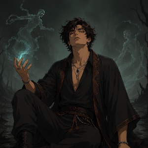 May include: A person with dark, wavy hair wears a black open-front robe with intricate dark patterns over a black shirt. They are adorned with layered necklaces, rings, and bracelets, while glowing blue ethereal figures float in the dark surroundings.