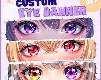 以下が含まれることがあります： 「CUSTOM EYE BANNER」および「70% OFF」というテキストが記載されたデジタルバナー。紫色の銀河、赤いバラ、オレンジ色の炎のパターンが描かれたアニメスタイルの目が3つの水平パネルに配置されており、背景は明るい紫色です。