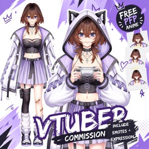 May include: A digital illustration of an anime character with brown hair and purple eyes, wearing a white and lavender hooded jacket with cat ears, a black corset-style top, and a pleated lavender skirt. The character holds a game controller.