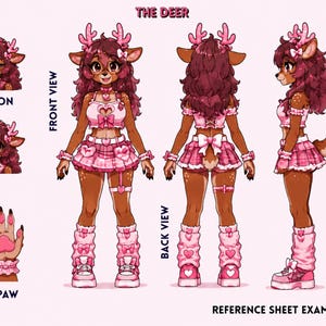 May include: A character reference sheet titled THE DEER featuring a brown-furred deer character with pink antlers, wearing a pink heart-themed crop top, plaid skirt, and leg warmers. Includes front, back, and side views, expressions, and a paw detail.