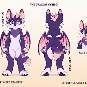 May include: A character reference sheet titled THE DRAGON HYBRID featuring a front view, back view, and face detail of a purple and white creature with dragon wings, small horns, and star markings on its fur, accompanied by a color palette.
