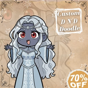 May include: A cartoon illustration of a character with gray skin, white hair, and red eyes, wearing a light blue dress with white accents. The image includes the text "Custom DND Doodle" and a "70% OFF" promotion.