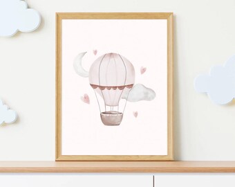Neutral Nursery Prints: Pink Balloon, Moon, Rainbow (Digital Download)