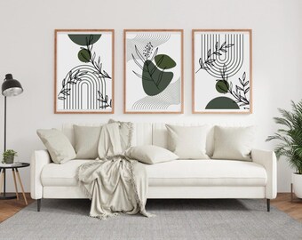 Boho Green Botanical Wall Art Prints | Mid Century Geometric Set (Digital Prints)