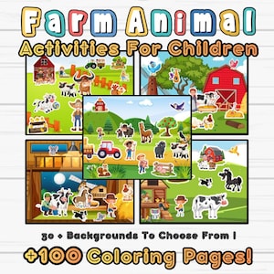 May include: A colorful children's activity book with the title "Farm Animal Activities For Children." The cover features illustrations of farm animals, barns, and fields. The text indicates 30+ backgrounds and 100+ coloring pages.